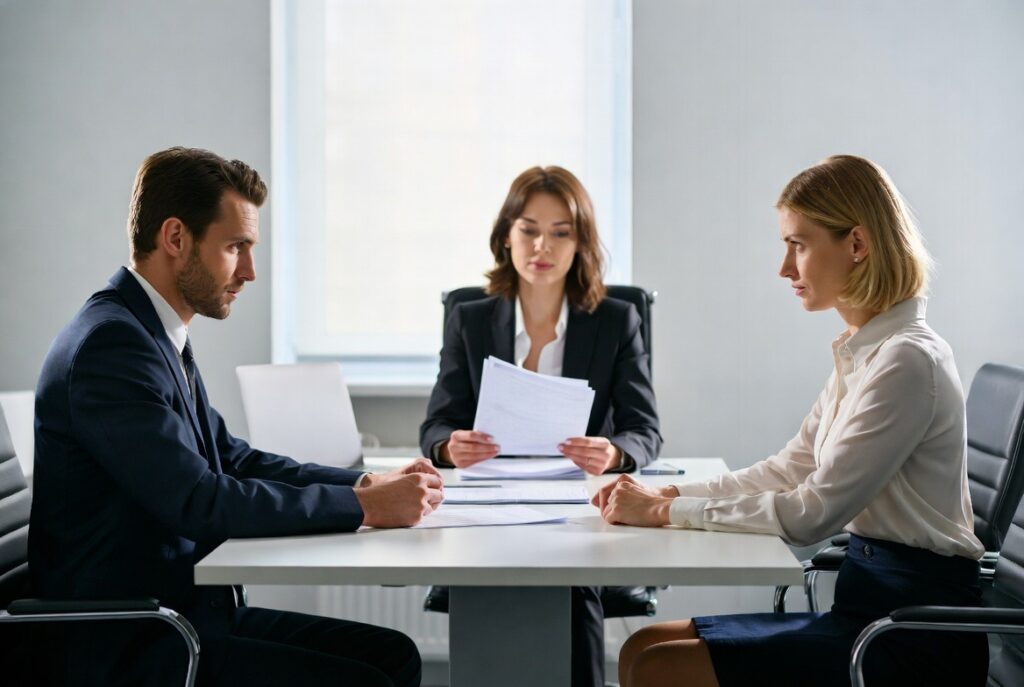 Charleston Divorce Mediators | Can Supervised Visitation Be Negotiated in a South Carolina Divorce Mediation? | Featured Image for blog post - showcases a husband and wife sitting at a long office table but on separate sides with a divorce mediator women sitting at the end of the table holding papers discussing divorce mediation options.