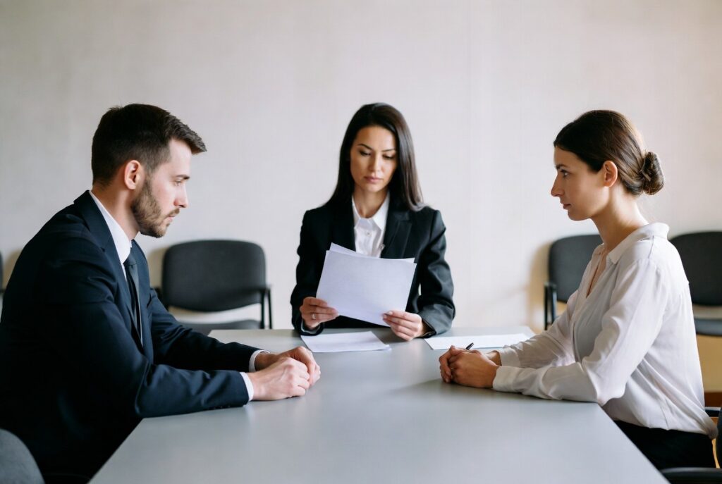 Charleston Divorce Mediators | Can My Charleston Marriage Be Saved After Emotional Cheating? | Featured Image for blog post - showcases a husband and wife sitting at a long office table but on separate sides with a divorce mediator women sitting at the end of the table holding papers discussing divorce mediation options.