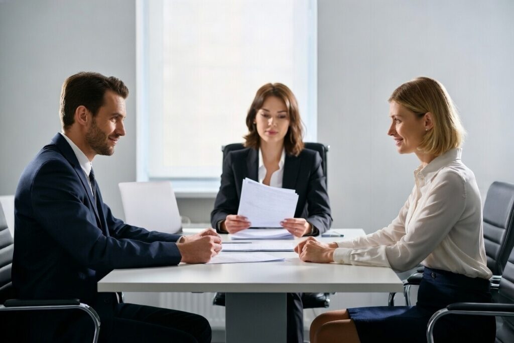 Charleston Divorce Mediators | Do Ultimatums Help Marriages or Cause Divorce? | Featured Image for blog post - showcases a husband and wife sitting at a long office table but on separate sides with a divorce mediator women sitting at the end of the table holding papers discussing divorce mediation options.