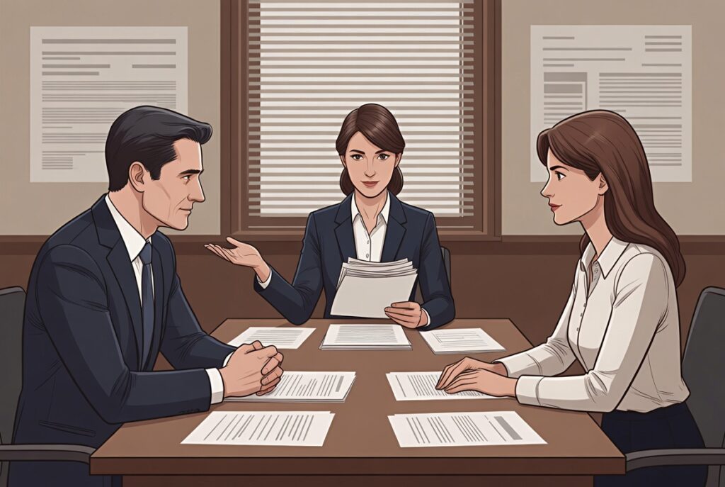 Charleston Divorce Mediators | Do I Have to Pay for My Spouse's Student Loans After Divorce? | Featured Image for blog post - showcases a husband and wife sitting at a long office table but on separate sides with a divorce mediator women sitting at the end of the table holding papers discussing divorce mediation options.