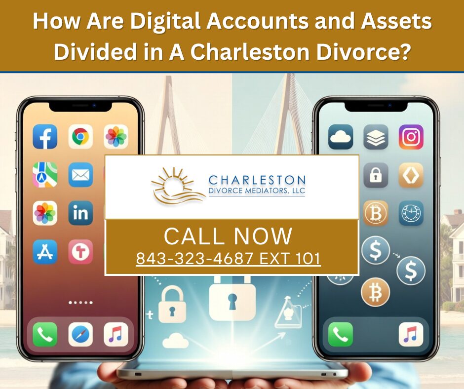 Charleston Divorce Mediators, LLC | How Are Digital Accounts and Assets Divided in A Charleston Divorce? | Blog Post Featured Image | Image of elctronic devices showing digital assets on the screen as a sign of digital assets being divided.