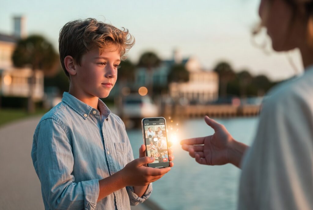 Charleston Divorce Mediators, LLC | Is Divorce Different For Adult Children? | Blog Post Featured Image | Image of a teenage boy sharing a facetime call with his mom talking to his dad.