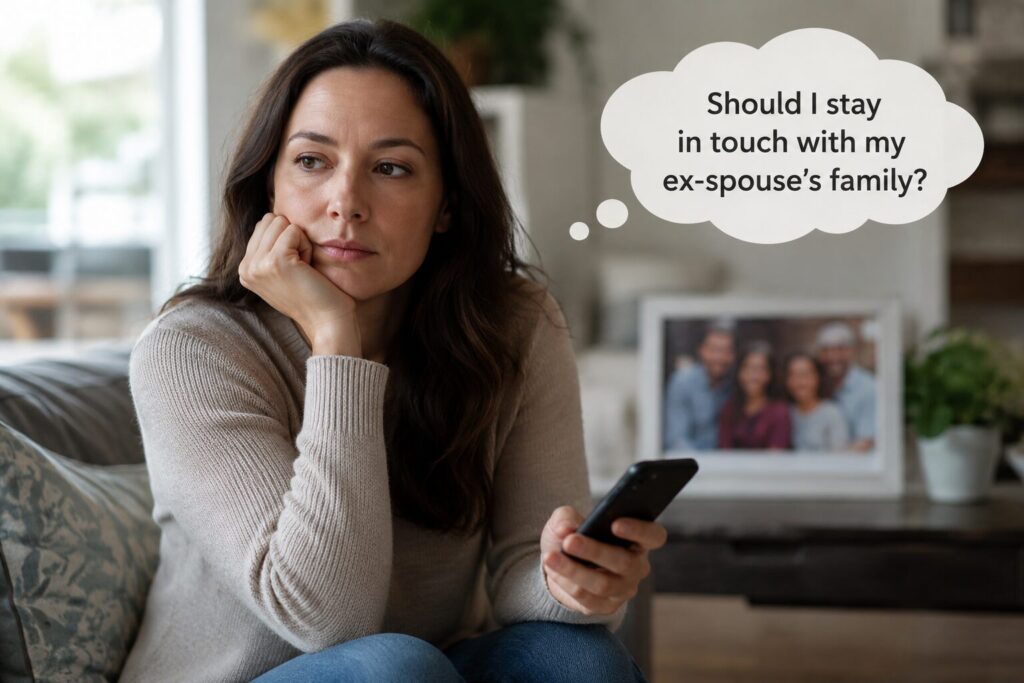 Should I Stay In Touch With My Ex-Spouse's Family? | Charleston Divorce Mediators | Divorce Mediation | Image of a woman contemplating staying in touch with her ex.