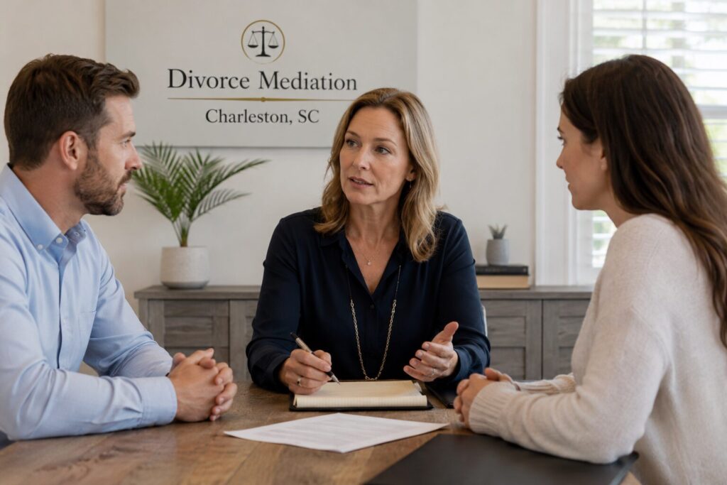 Understanding the Role of a Mediator for Divorce in Charleston SC | Charleston Divorce Mediators | Divorce Mediation | Image of a husband and wife working through a potential divorce with a divorce mediator