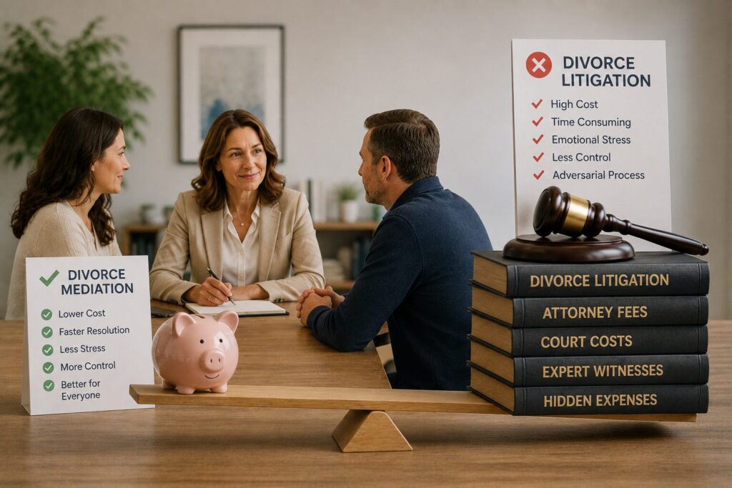 Charleston Divorce Mediators | Blog Post | How Much Does a Divorce Mediator Cost Insights for Charleston Couples | Divorce Mediators | Charleston, SC | Image of a mediator speaking with a man and woman with 2 signs indicating that mediation is more inexpensive than hiring a divorce lawyer.