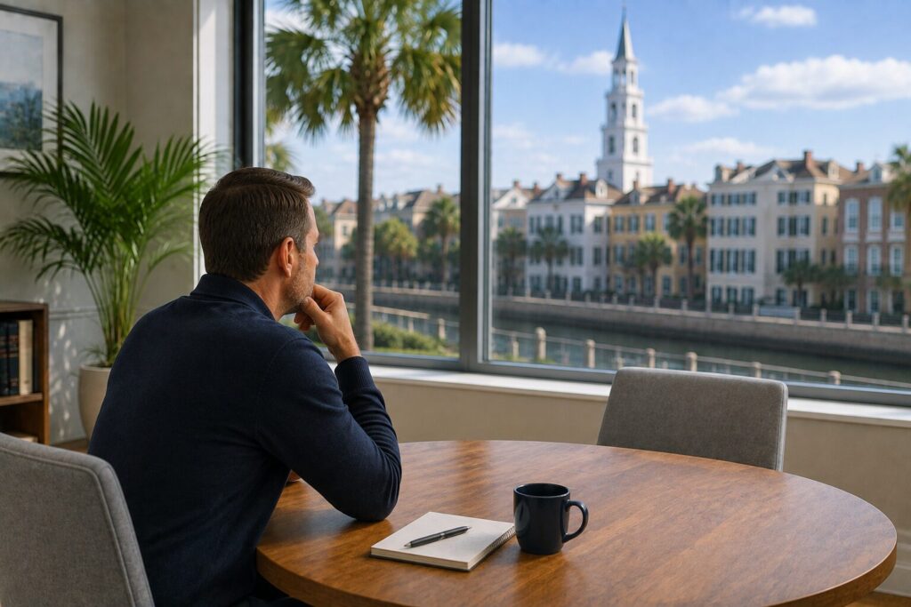 Charleston Divorce Mediators | Blog Post | Top Questions to Ask a Divorce Mediator in Charleston SC | Divorce Mediators | Charleston, SC | Image of a man looking out his office window contemplating questions to ask a divorce mediator.