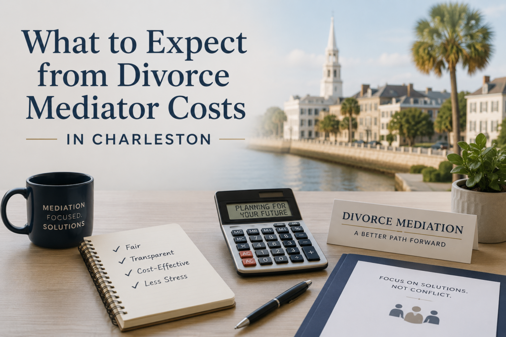 Charleston Divorce Mediators, LLC | What to Expect from Divorce Mediator Costs in Charleston | Charleston, SC | Image of a calculator on a mediator's desk calculating the cost of divorce mediation.