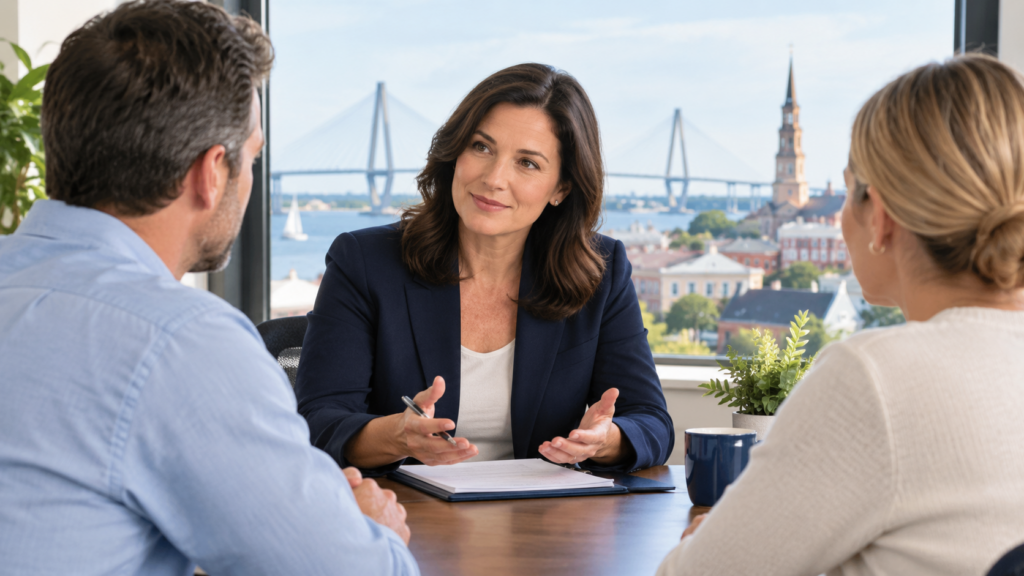 Charleston Divorce Mediators | Charleston, SC | Blog Post | What Does a Mediator Do in a Divorce? | Image of a mediator speaking with a couple about divorce mediation.
